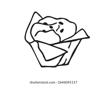 Muffin with chocolate chips in paper wrapper outline drawing. Black and white hand drawn sketch isolated on white background. Bakery and dessert illustration concept for design and print