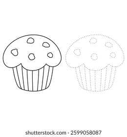 Muffin with chocolate chips vector illustration. Chocolate chip muffin clipart. Muffin coloring page. Muffin and sweet dessert clipart, icon vector.