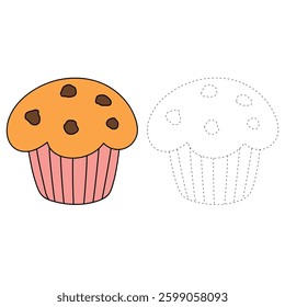 Muffin with chocolate chips vector illustration. Chocolate chip muffin clipart. Muffin coloring page. Muffin and sweet dessert clipart, icon vector.