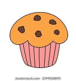 Muffin with chocolate chips vector illustration. Chocolate chip muffin clipart. Muffin coloring page. Muffin and sweet dessert clipart, icon vector.