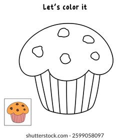 Muffin with chocolate chips vector illustration. Chocolate chip muffin clipart. Muffin coloring page. Muffin and sweet dessert clipart, icon vector.
