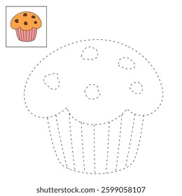 Muffin with chocolate chips vector illustration. Chocolate chip muffin clipart. Muffin coloring page. Muffin and sweet dessert clipart, icon vector.
