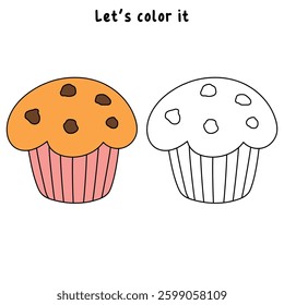 Muffin with chocolate chips vector illustration. Chocolate chip muffin clipart. Muffin coloring page. Muffin and sweet dessert clipart, icon vector.
