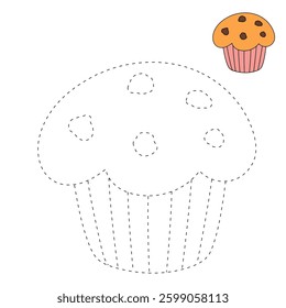 Muffin with chocolate chips vector illustration. Chocolate chip muffin clipart. Muffin coloring page. Muffin and sweet dessert clipart, icon vector.