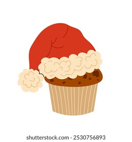 Muffin. Chocolate muffin decorated with Santa Claus hat. Holiday baking. Flat illustration of food on white background.