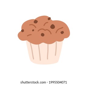 Muffin with chocolate flavor and choco chips. Cupcake with with lush top and cookie drops. Sweet bakery. Flat vector illustration of tasty dessert isolated on white background