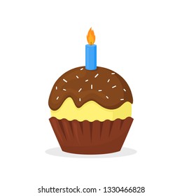 Muffin with chocolate froasting and candle. Sweet food, holiday or birth day cupcake flat vector icon. Delicious dessert for celebration. Bakery product isolated on white background