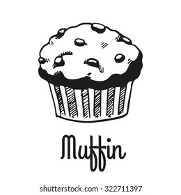 Muffin with chocolate. Isolated with the inscription. Graphic art. Hand drawing