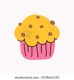 Muffin with chocolate pieces in paper pink form on light background, cute hand drawn illustration, drawing, flat style