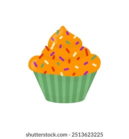 Muffin Clipart en color, con chispas. En un envoltorio verde. En estilo de dibujos animados. Stock de Imagen aislada sobre fondo blanco. Imagen para la ilustración de los dulces y del bocado, día de fiesta y diseño del bebé.