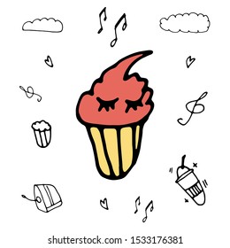 Muffin colorful doodle icon. Poster with muffins. Cute hand drawn cupcake. Vector hand drawn cupcake Illustration. Vector isolated on coffee and bakery elements background. 