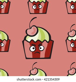 Muffin comic character. Resentful hand-drawn cake, ice cream or  frozen yogurt vector seamless pattern for print, menu, package design, wrapping, textile, web, cafe, restaurant, pastry shop