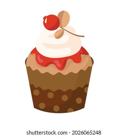 Muffin with cream and berries in a brown wrapper. Vector clipart, white background.