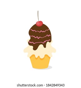 Muffin with cream and cherry. Vector illustration of cupcake icon on white background