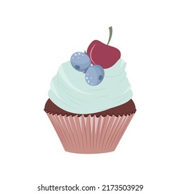 Muffin with cream and fruits vector illustration in flat style.