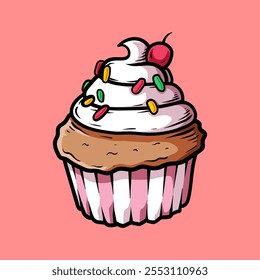 muffin with cream and full of sprinkle isolated drawing line art style sketch classic vintage design illustration