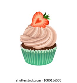 Muffin with cream and strawberry on top. Delicious cupcake in wrapper baking cup. Flat vector element for bakery store or menu