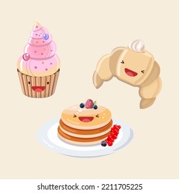 Muffin, croissant, pancakes with syrup and berries. Vector icon cute illustration. Sticker kawaii cartoon logos. Dessert  concept.  Flat cartoon style suitable for web landing page, banner, sticker.