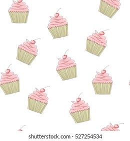 Muffin Cupcake Cherry Cake seamless pattern isolated on white