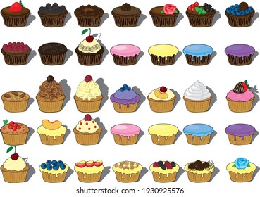 Muffin cupcake different decoration ideas vector set, bakery products for any holidays with cream decorations, toppings, berries, nuts, cream roses