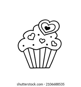 Muffin, Kuchen mit Herzen. Vektorgrafik für Druck, Hintergründe, Umschläge, Verpackungen, Grußkarten, Plakate, Aufkleber, Textilien und saisonales Design. Einzeln auf weißem Hintergrund.