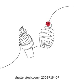 Muffin cupcake, ice cream cone vector one line continuous drawing illustration. Hand drawn linear silhouette. Dessert icon. Minimal design element for print, banner, card, wall art poster, brochure.