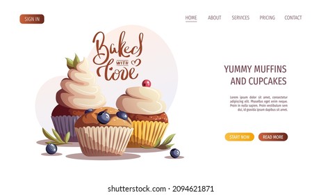 Muffin and cupcakes. Baked with love Handwritten lettering. Baking, bakery shop, cooking, sweet products, dessert, pastry concept. Vector illustration for poster, banner, website, advertising.