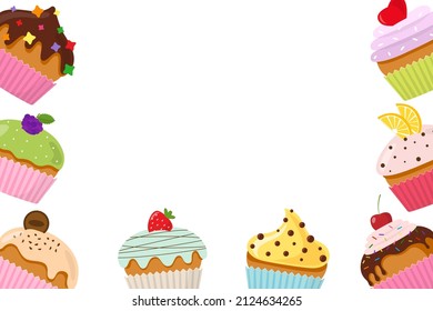 Muffin Decorated With Cherry, Blackberry And Mint, Lemon, Cookie, Strawberry And Topped With Icing And Chocolate Isolated On White Background. Postcard For Invitation. Confectionery Sign. Site Header.