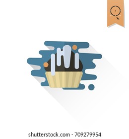 Muffin. Dessert Icon in Simple, Minimalistic and Modern Flat Design Style for Candy Shop. Retro Color. Long Shadow