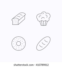 Muffin, donut and toast bread icons. Fresh bread linear signs. Flat linear icons on white background. Vector