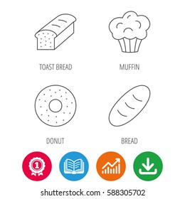 Muffin, donut and toast bread icons. Fresh bread linear signs. Award medal, growth chart and opened book web icons. Download arrow. Vector