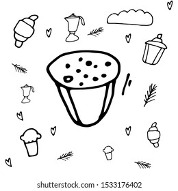 Muffin doodle icon. Vector cartoon muffin. Poster with muffins. Cute hand drawn cupcake. Vector hand drawn cupcake Illustration. Black and white ink line art. 