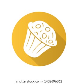 Muffin flat design long shadow glyph icon. Cupcake with chocolate chips, berries, topping. Sweet shop, confectionery, pastry, bakery menu. Celebration cupcake. Vector silhouette illustration
