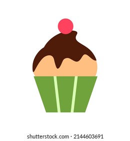 Muffin flat icon isolated on white background. Cupcake logo. Cream cherry snack in green cup. Homemade chocolate glaze treat for holiday celebration birthday party. Tasty dessert vector illustration.