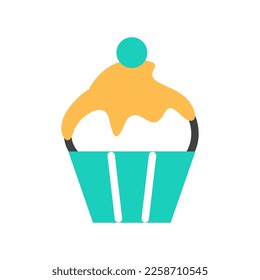 Muffin flat line icon isolated on white background. Abstract cupcake logo. Vanilla cream snack in cup. Homemade treat for holiday celebration birthday party. Tasty biscuit dessert vector illustration.