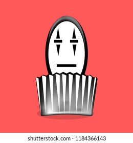 Muffin in the form of ghost isolated on red background. Scary face. Sweet homemade bakery. Tasty cupcake with vanilla. Celebration of  Halloween holiday. Halloween party. Creative vector illustration