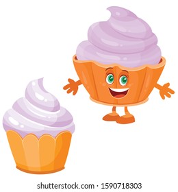 muffin and funny character, baking, cake, isolated object on a white background, vector illustration
