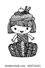 muffin girl doodle on white background