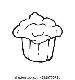 Muffin hand drawn outline illustration. Sweet bread with cup is sweet and delicious dessert. Yummy pastry product with sugar pen drawing logo. Food icon, hand made cookies in kitchen. Simple tasty art