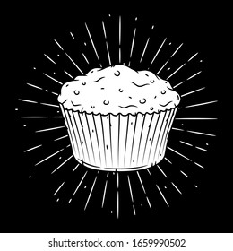 Muffin. Hand drawn vector illustration with muffin and sunburst. Used for poster, banner, web, t-shirt print, bag print, badges, flyer, logo design and more. 