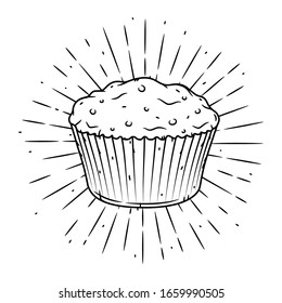 Muffin. Hand drawn vector illustration with muffin and sunburst. Used for poster, banner, web, t-shirt print, bag print, badges, flyer, logo design and more. 