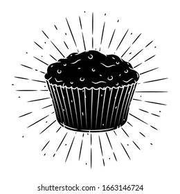 Muffin. Handgezeichnete Vektorillustration mit Muffin und Sonnenbrand. Verwendet für Poster, Banner, Web, T-Shirt-Druck, Taschendruck, Badges, Flyer, Logo-Design und mehr. 