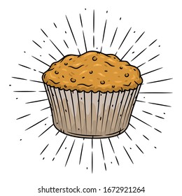 Muffin. Handgezeichnete Vektorillustration mit Muffin und Sonnenbrand. Verwendet für Poster, Banner, Web, T-Shirt-Druck, Taschendruck, Badges, Flyer, Logo-Design und mehr. 