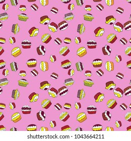 Muffin. Happy birthday cupcake background in pink, white and yellow. Vector illustration. Seamless.Cupcake vector pattern. Cupcake pattern background.