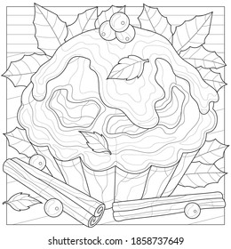 
Muffin with holly berries and
cinnamon.Coloring book antistress for children and adults.Zen-tangle style.Black and white drawing