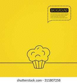Muffin icon. Cupcake dessert sign. Bakery sweet food symbol. Speech bubble of dotted line. Orange background. Vector