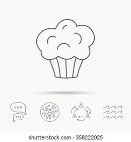 Muffin icon. Cupcake dessert sign. Bakery sweet food symbol. Global connect network, ocean wave and chat dialog icons. Teamwork symbol.
