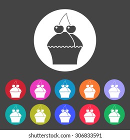 Muffin icon decorated with cherry. Set of colored icons.