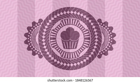 ícono de muffin dentro de la insignia rosa ondulada realista. Curva un bonito fondo. Ilustración artística. 