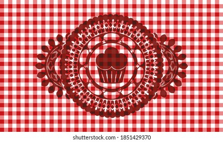 muffin icon inside red checkered tablecloth emblem. Restaurant graceful background. Intense illustration. 